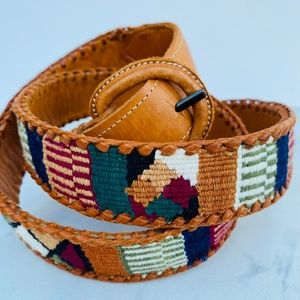 Vintage Western tan Leather Belt with multicolored geometric woven design, sz38